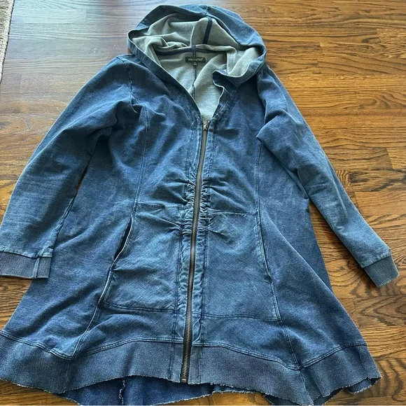 For Cynthia Blue Hooded Cotton Terry zip up sweater boho Tunic Jacket - Picture 2 of 11